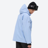 
                  
                    Colorblock ski jacket and pants set - sky blue and black colorblock, on-model hood side view, for cold-weather winter sports
                  
                