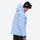 Colorblock ski jacket and pants set - sky blue and black colorblock, on-model hood side view, for cold-weather winter sports