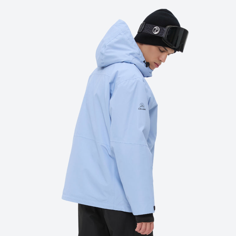 Colorblock ski jacket and pants set - sky blue and black colorblock, on-model hood side view, for cold-weather winter sports