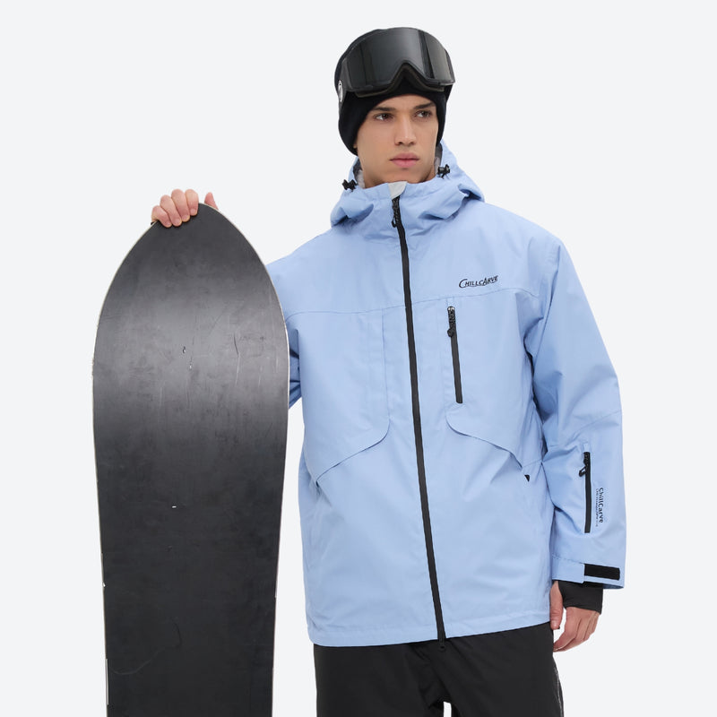 Men's breathable ski jacket and pants combo - sky blue, on-model front with upright snowboard, for powder and piste riding