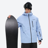 
                  
                    Breathable 2L snowboard jacket and pants - sky blue and black colorblock, for all-mountain and backcountry days
                  
                