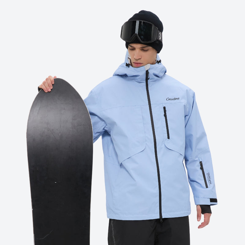 Breathable 2L snowboard jacket and pants - sky blue and black colorblock, for all-mountain and backcountry days
