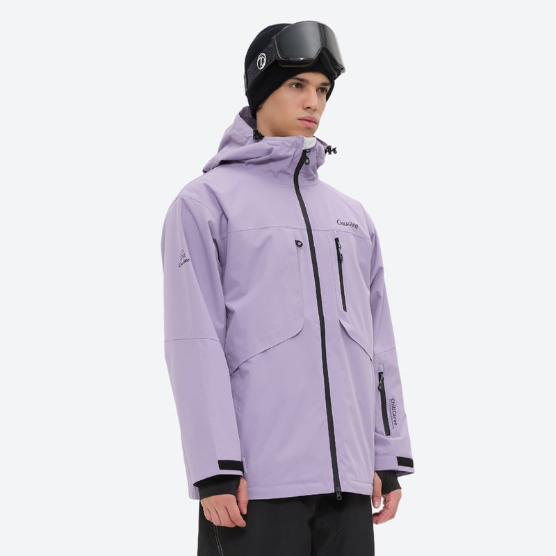 Men's colorblock snowboard jacket and pants - lavender, on-model three-quarter front view, for resort and backcountry days