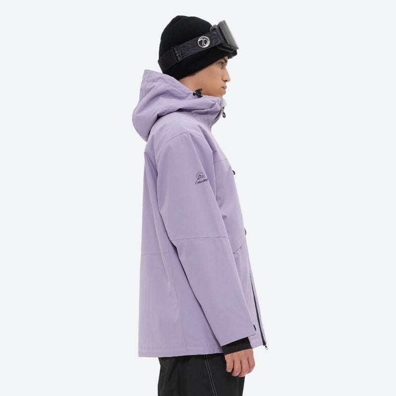 Men's breathable ski jacket and pants combo - lavender, on-model hood side view, for skiing and snowboarding