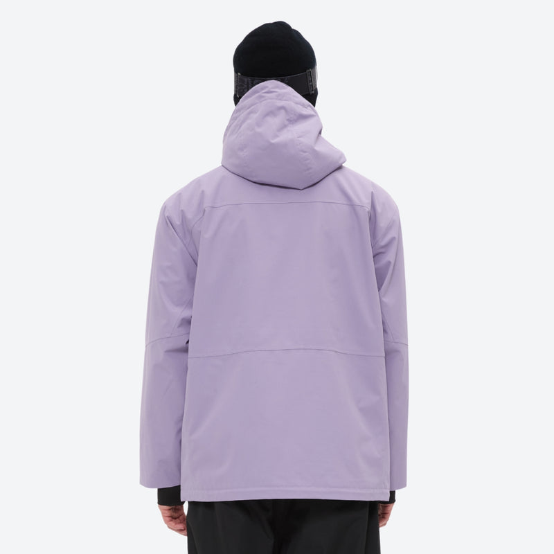 Men's waterproof 2L snow jacket and pants set - lavender, on-model back hood view, for powder and piste riding