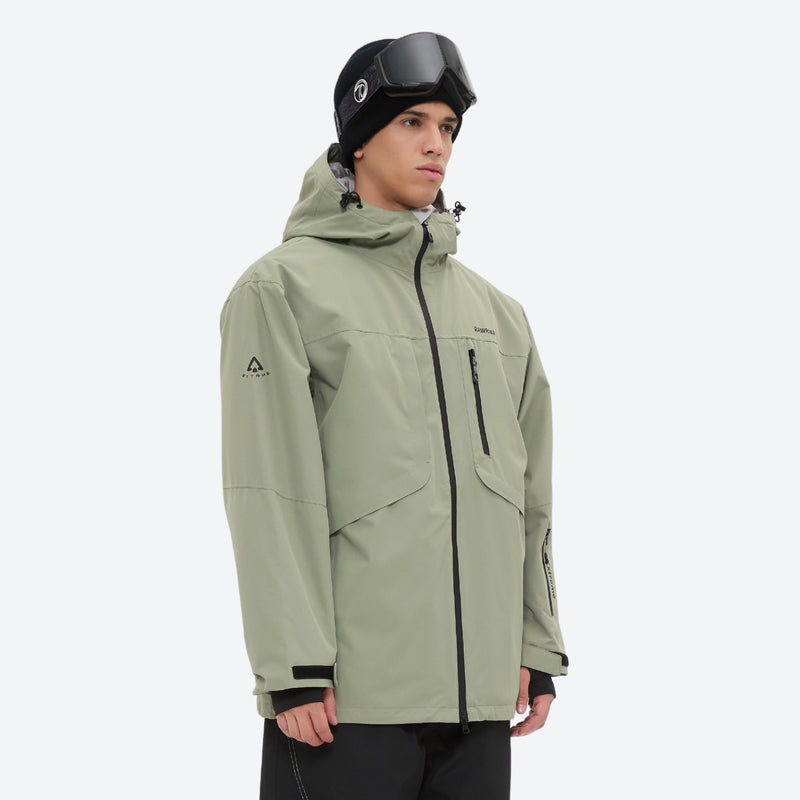 Unisex waterproof 3L bib snow pants - sage green jacket with black bib pants, for cold-weather winter sports