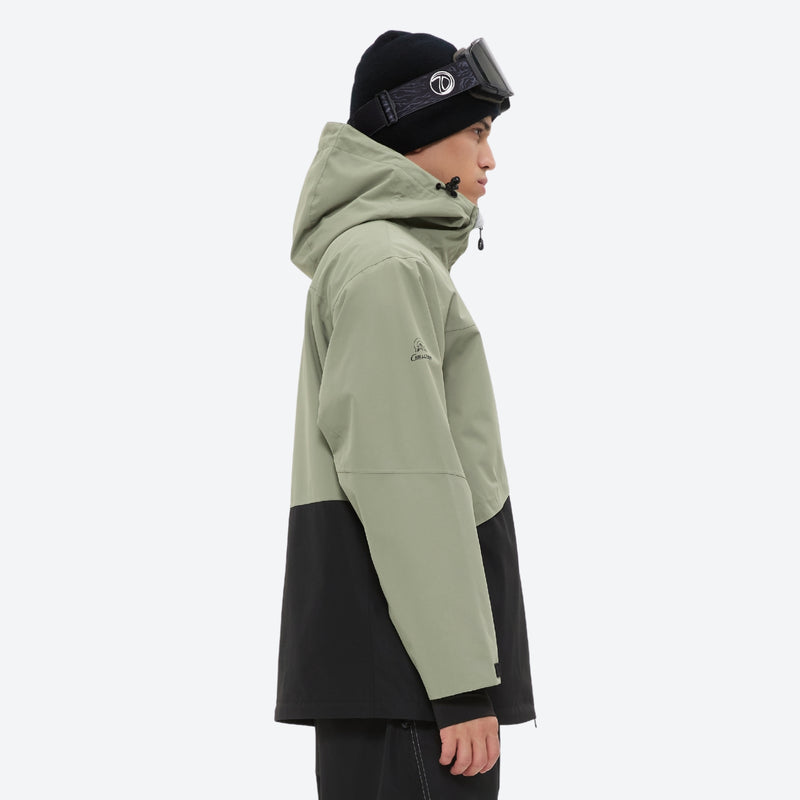 Waterproof 2L snow jacket and pants set - sage green and black colorblock, for all-mountain and backcountry days