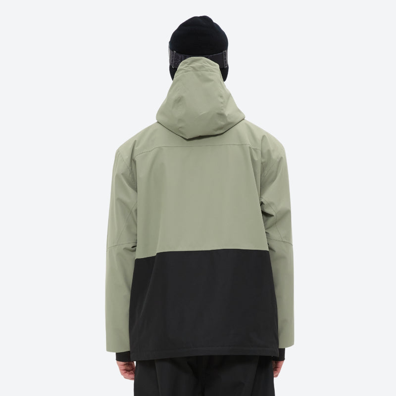 Colorblock ski jacket and pants set - sage green and black colorblock, on-model back view, for resort and powder riding