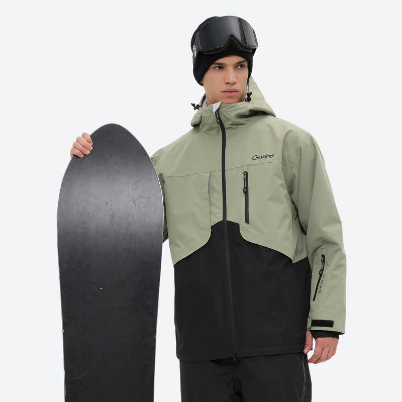 Colorblock ski jacket and pants set - sage green and black colorblock, for cold-weather winter sports