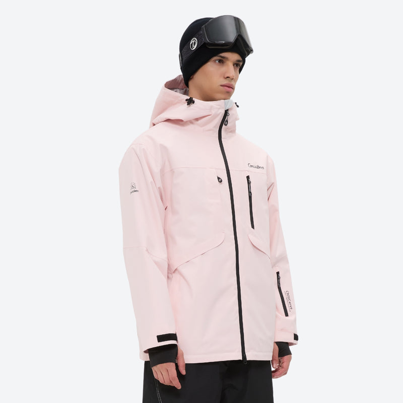 Breathable 2L snowboard jacket and pants - light pink and black colorblock, for cold-weather winter sports
