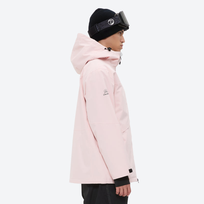 Men's breathable ski jacket and pants combo - light pink, on-model hood side view, for skiing and snowboarding