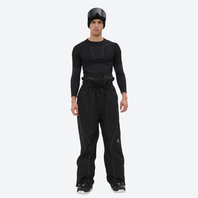 Men's breathable ski jacket and pants combo - black pants, on-model front view, for powder and piste riding