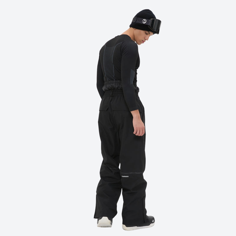 Men's waterproof 2L snow jacket and pants set - black pants, on-model hood side view, for skiing and snowboarding