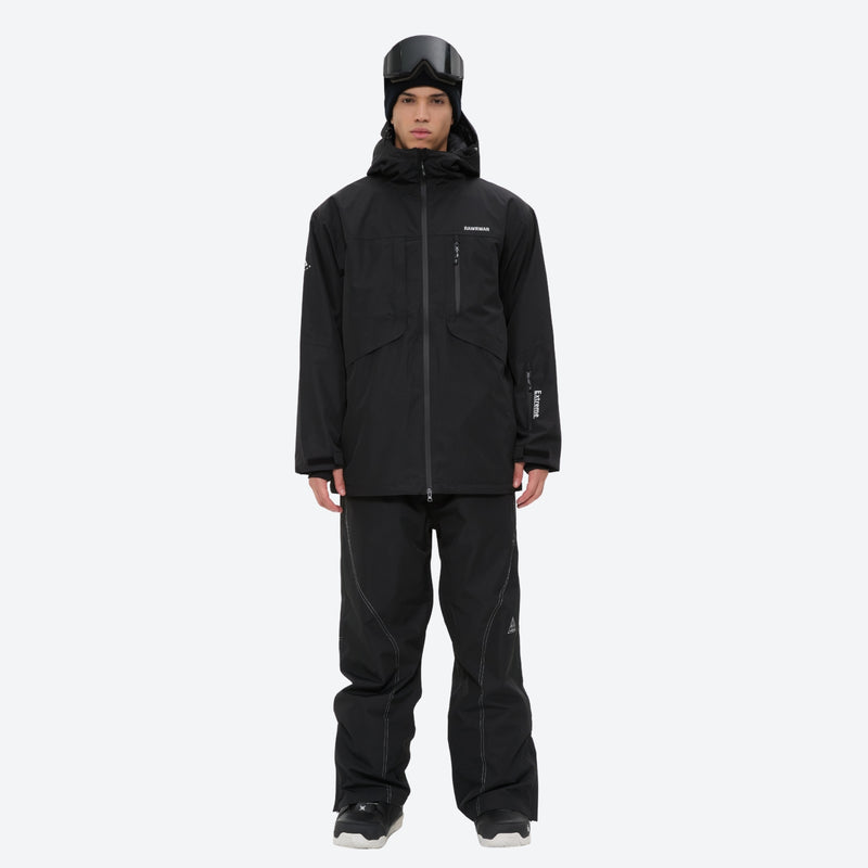 Men's colorblock snowboard jacket and pants - black, on-model full-body front view, for resort and backcountry days