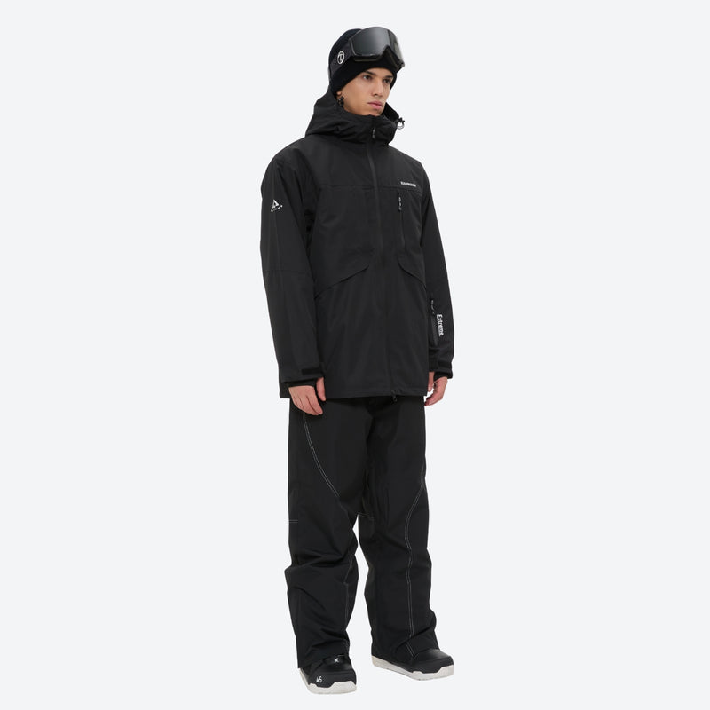 Men's waterproof 2L snow jacket and pants set - black, on-model three-quarter front view, for powder and piste riding