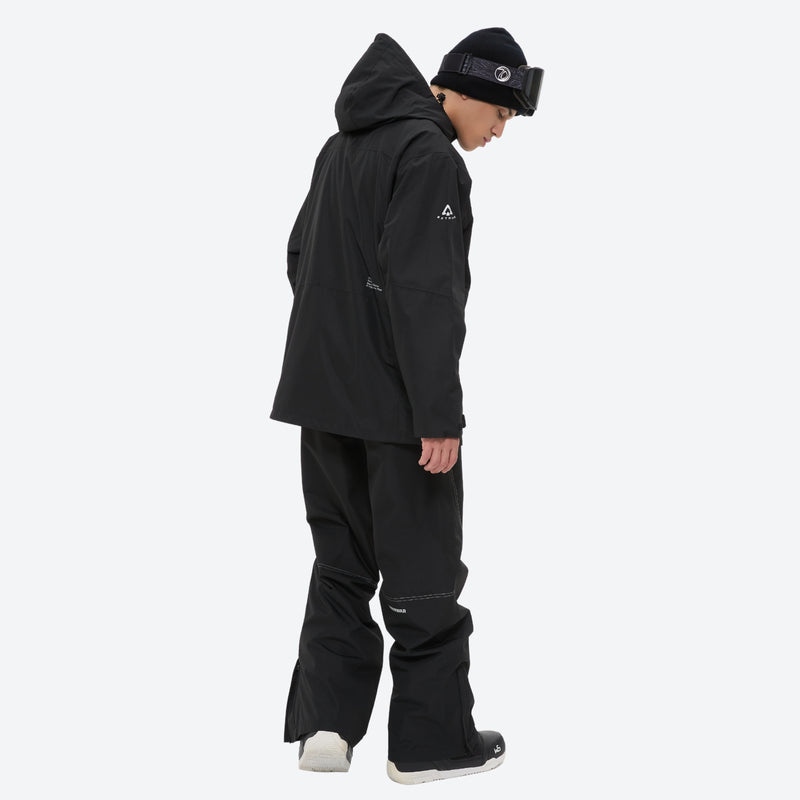 Men's breathable ski jacket and pants combo - black, on-model hood side view, for cold-weather winter sports