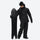 Men's waterproof 2L snow jacket and pants set - black, on-model front with upright snowboard, for resort and backcountry days
