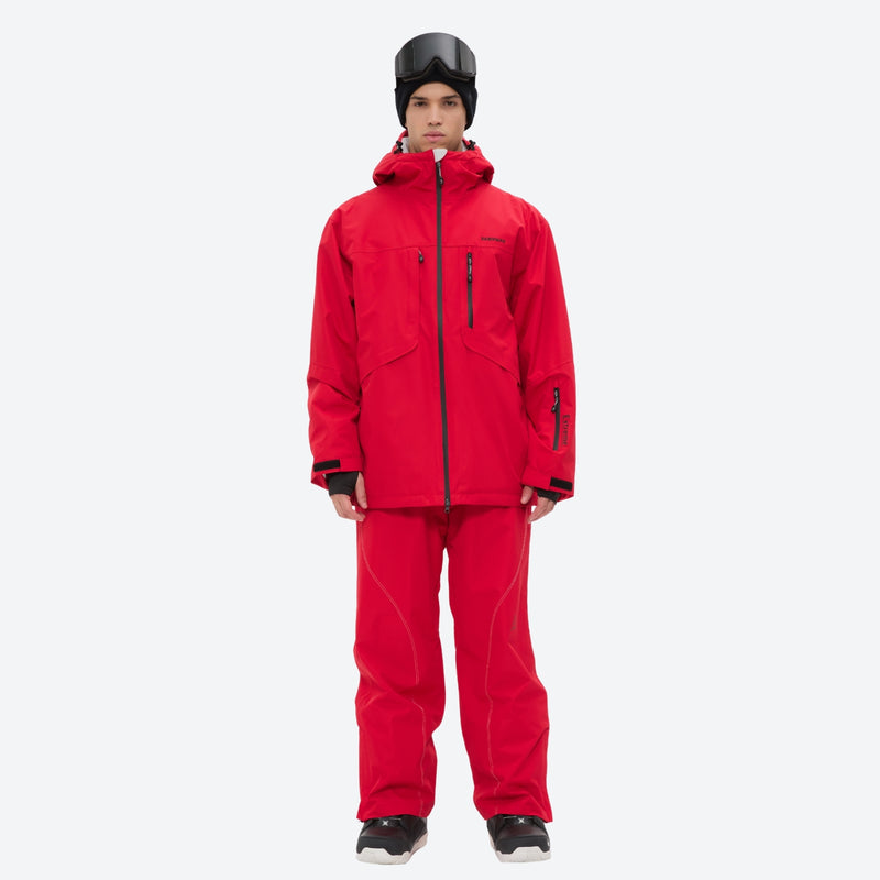 Men's waterproof 2L snow jacket and pants set - red, on-model front view, for powder and piste riding