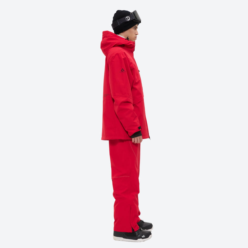 Men's colorblock snowboard jacket and pants - red, on-model side view, for skiing and snowboarding
