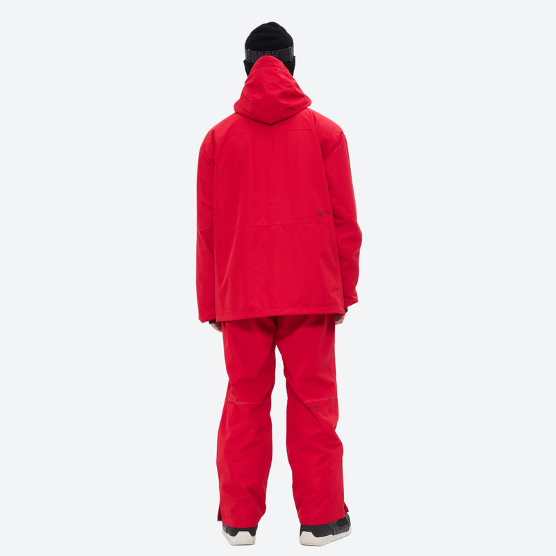 Men's waterproof 2L snow jacket and pants set - red, on-model back hood view, for resort and backcountry days