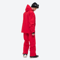 
                  
                    Men's breathable ski jacket and pants combo - red, on-model hood side view, for powder and piste riding
                  
                