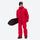 Men's colorblock snowboard jacket and pants - red, on-model front holding snowboard horizontal, for powder and piste riding
