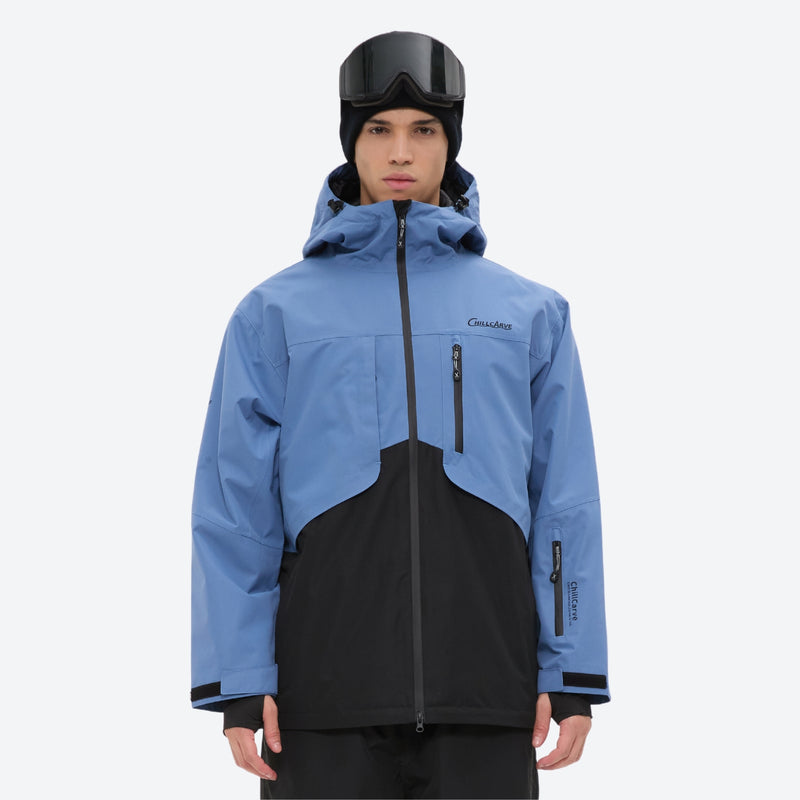 Colorblock ski jacket and pants set - blue and black colorblock, on-model full-body front view, for resort and powder riding