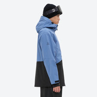 
                  
                    Men's colorblock snowboard jacket and pants - blue and black colorblock, on-model hood side view, for skiing and snowboarding
                  
                