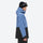 Men's colorblock snowboard jacket and pants - blue and black colorblock, on-model hood side view, for skiing and snowboarding