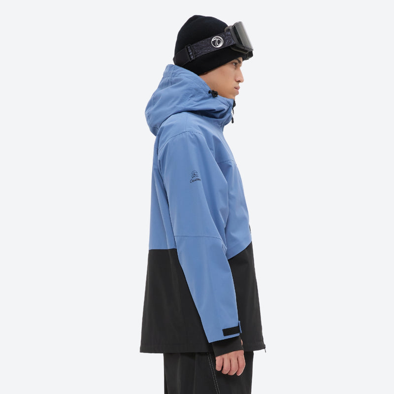 Men's colorblock snowboard jacket and pants - blue and black colorblock, on-model hood side view, for skiing and snowboarding
