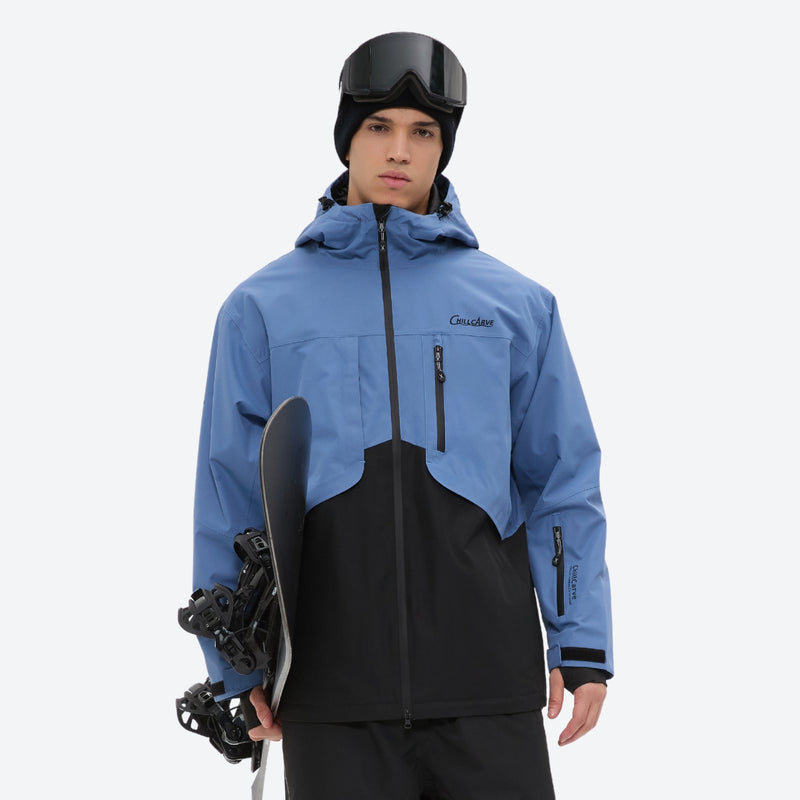 Men's colorblock snowboard jacket and pants - blue and black colorblock, for resort and backcountry days