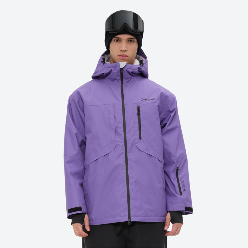 Breathable 2L snowboard jacket and pants - purple and black colorblock, for all-mountain and backcountry days