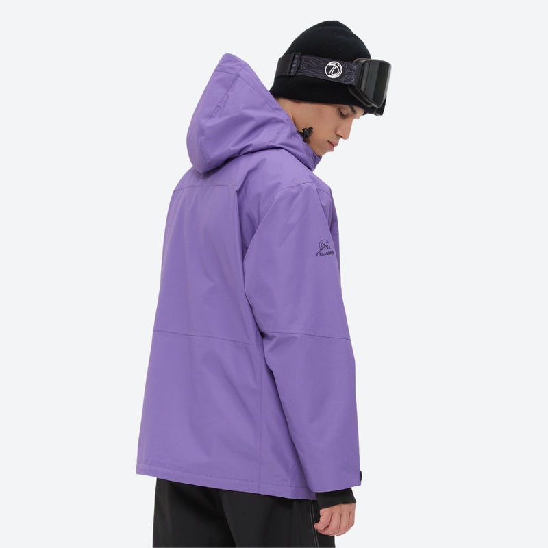 Colorblock ski jacket and pants set - purple and black colorblock, on-model hood side view, for cold-weather winter sports