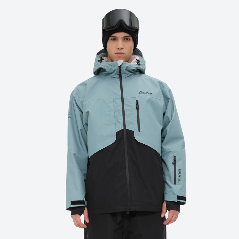Breathable 2L snowboard jacket and pants - dusty blue and black colorblock, on-model front view, for resort and powder riding
