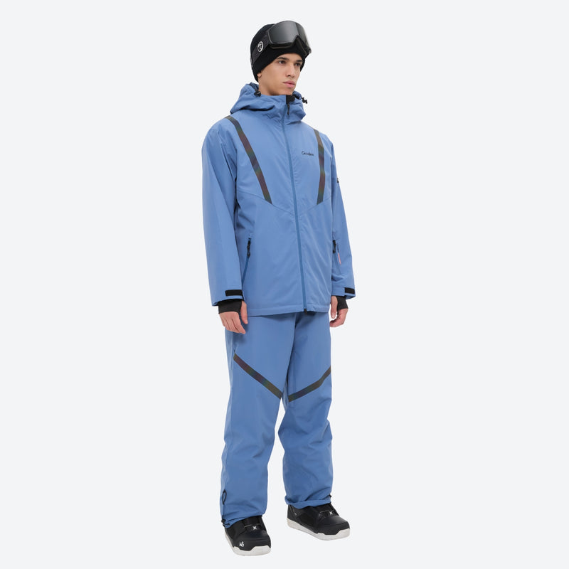 Men's waterproof 2L snow jacket and pants set - blue, on-model three-quarter front view, for cold-weather winter sports