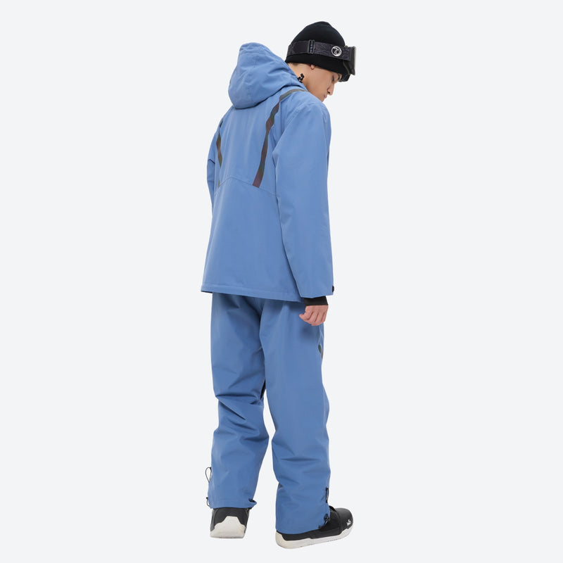 Men's breathable ski jacket and pants combo - blue, on-model hood side view, for skiing and snowboarding
