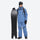 Men's breathable ski jacket and pants combo - blue, on-model front with upright snowboard, for resort and backcountry days