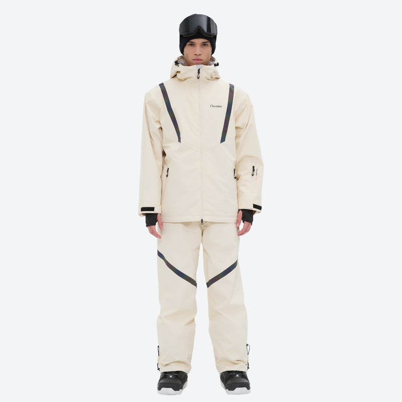 Men's breathable ski jacket with reflective trim - cream jacket with cream pants, for resort and street wear