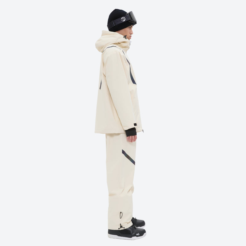 Men's waterproof 2L snow jacket and pants set - cream, on-model side view, for resort and backcountry days