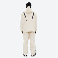 
                  
                    Men's breathable ski jacket and pants combo - cream, on-model back hood view, for powder and piste riding
                  
                