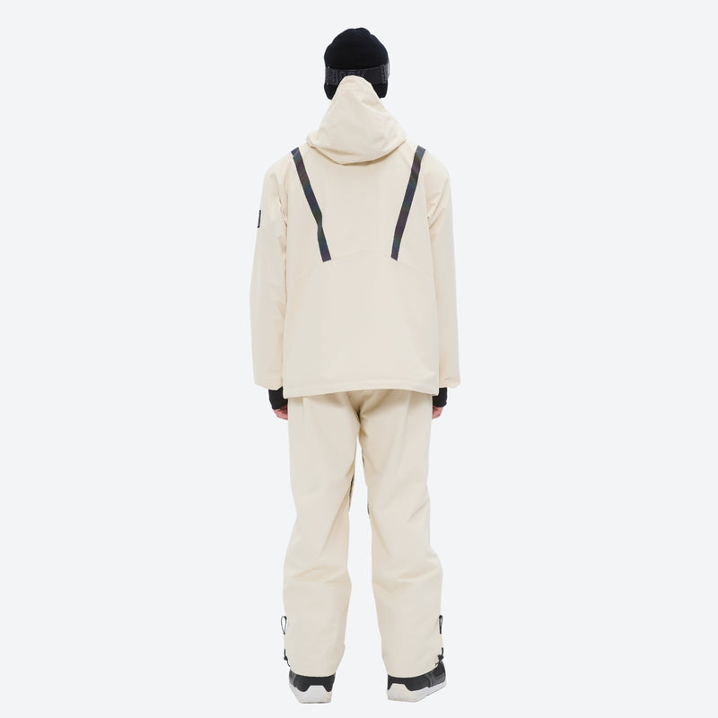 Men's breathable ski jacket and pants combo - cream, on-model back hood view, for powder and piste riding