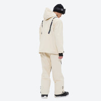 
                  
                    Men's colorblock snowboard jacket and pants - cream, on-model hood side view, for skiing and snowboarding
                  
                