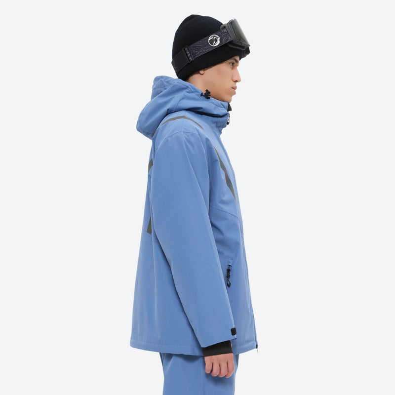 Men's breathable ski jacket and pants combo - blue, on-model hood side view, for powder and piste riding
