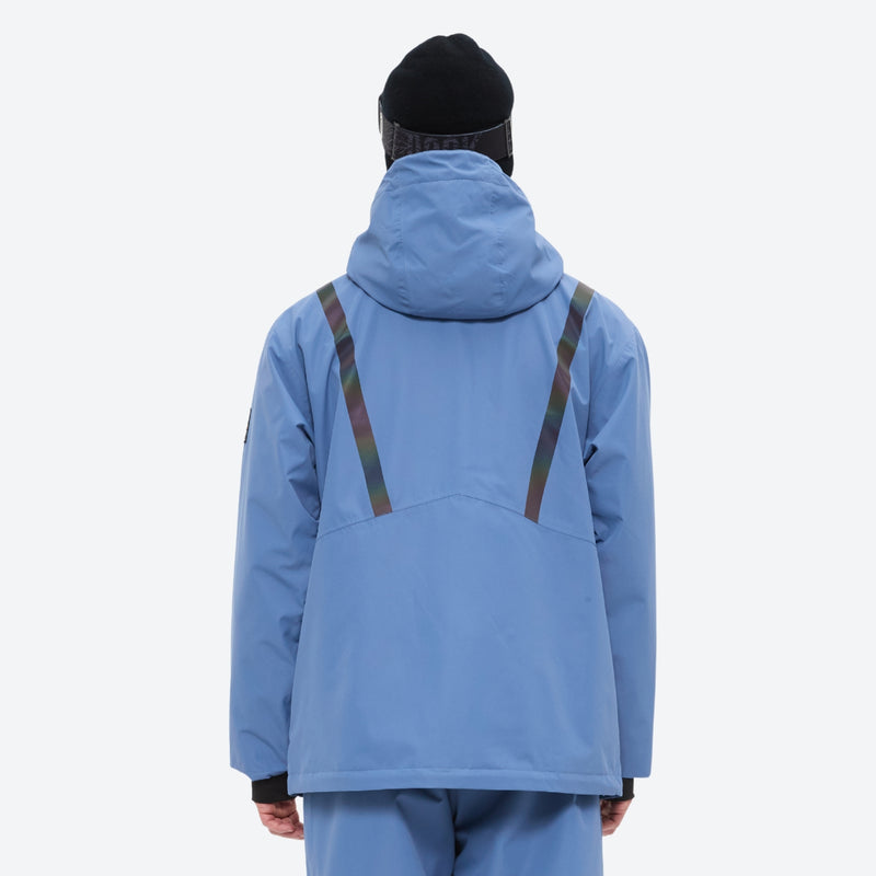 Men's colorblock snowboard jacket and pants - blue, on-model back hood view, for cold-weather winter sports