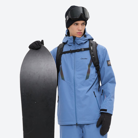 Men's colorblock snowboard jacket and pants - blue, on-model front with snowboard and backpack, for skiing and snowboarding