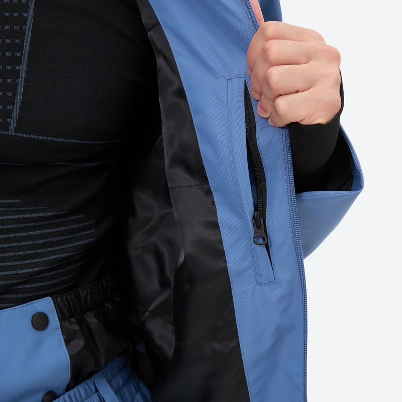 Men's 2-layer snowboard jacket and pants set - blue, interior zip pocket close-up with hand, for skiing and snowboarding