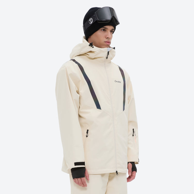 Men's 2-layer snowboard jacket and pants set - cream, on-model front view, for resort and street wear