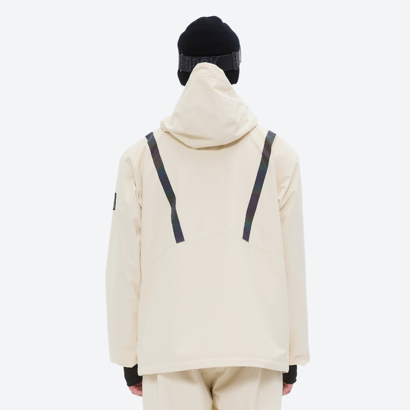 Men's breathable ski jacket and pants combo - cream, on-model back hood view, for resort and backcountry days