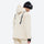 Men's colorblock snowboard jacket and pants - cream, on-model hood side view, for powder and piste riding