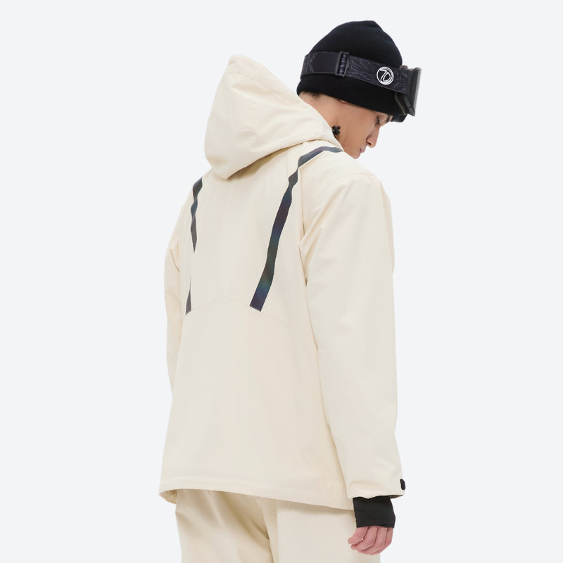 Men's colorblock snowboard jacket and pants - cream, on-model hood side view, for powder and piste riding